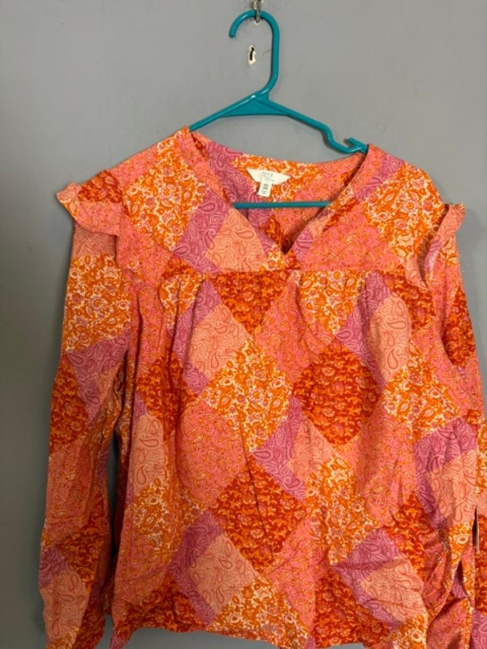 Time and Tru Womens Orange Pink Boho Floral Peasant Blouse Size 2XL